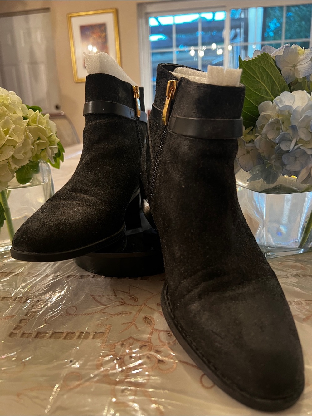 Franco Sarto Black Suede Ankle Boots Gold Buckle Zip Low Heel Size 6